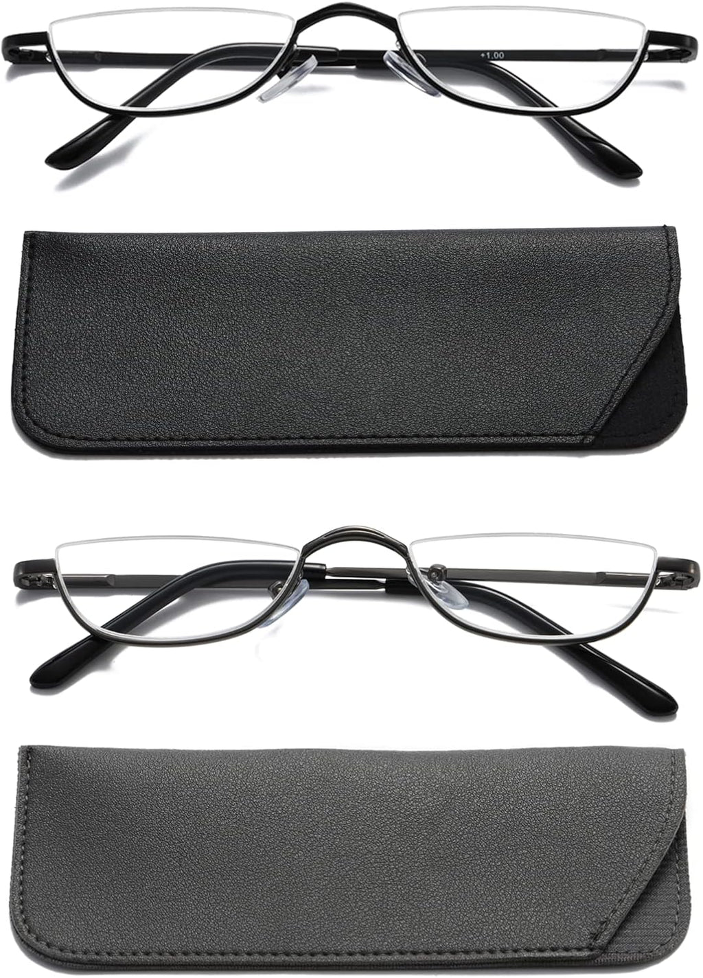 Viseng Half Frame Reading Glasses for Women Men Slim Half Moon Lens Readers Metal Semi Rimless eyewear Black+grey+1.0