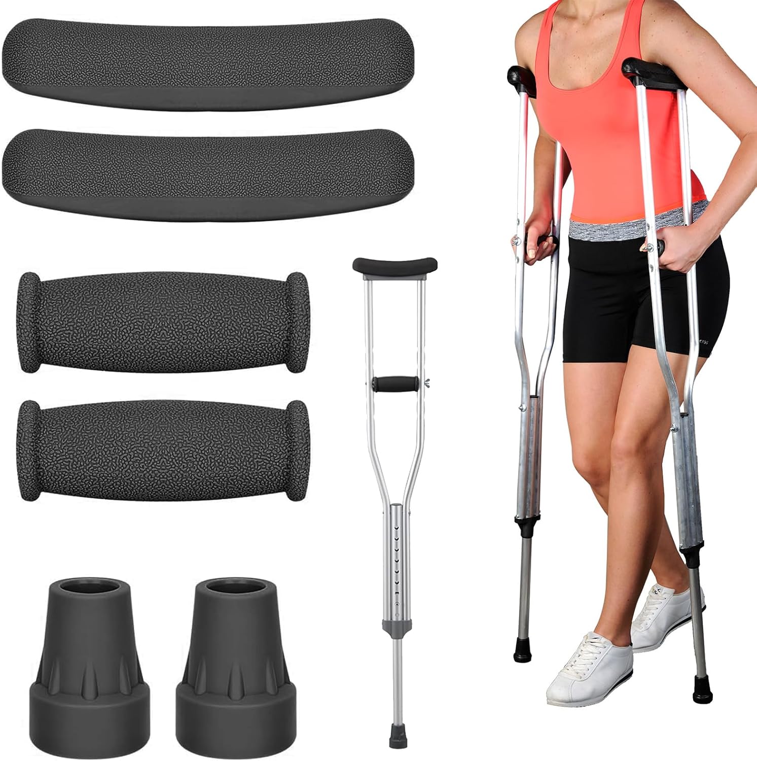 Replacement Crutch Pads, 6 Pcs Crutch Accessory Replacement Crutch Parts and Caps Set , Universal Comfort Padding for Arm Crutches Armpits and Feet Caps for Standard Aluminum Crutches (Black)
