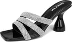 Women's Rhinestone Square Heeled Sandals Slip On Peep Toe Chunky Block Kitten High Heels Mules Slippers Slides Fashion Wedding Dress Backless Pump Shoes