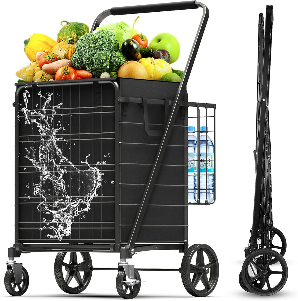 5.0 Cu Ft Folding Shopping Cart - 480 LB Capacity Grocery Cart with 360° Braked Swivel Wheels - Heavy Duty Utility Cart with Double Basket & Removable Waterproof Liner with Lid for Laundry