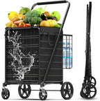 5.0 Cu Ft Folding Shopping Cart - 480 LB Capacity Grocery Cart with 360° Braked Swivel Wheels - Heavy Duty Utility Cart with Double Basket & Removable Waterproof Liner with Lid for Laundry