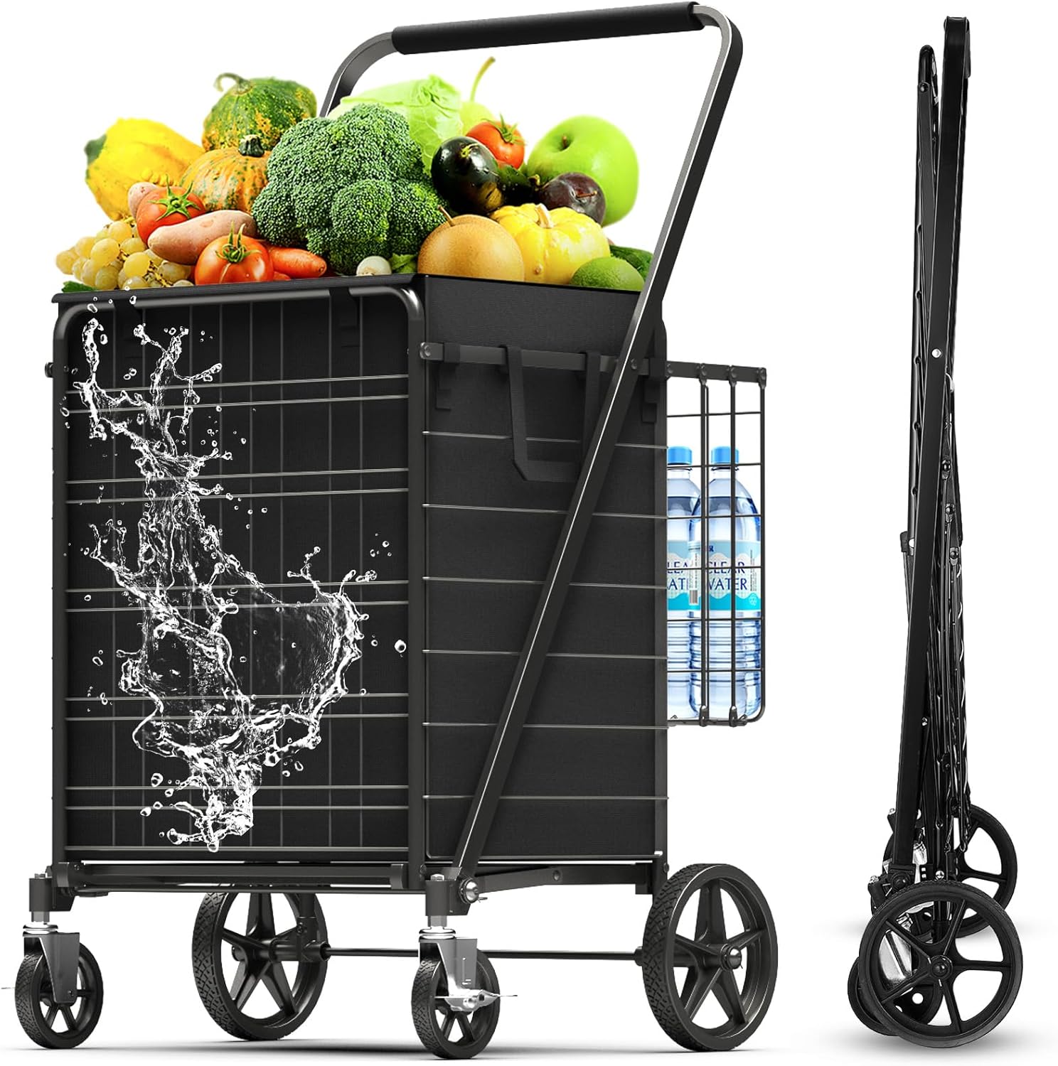 5.0 Cu Ft Folding Shopping Cart - 480 LB Capacity Grocery Cart with 360° Braked Swivel Wheels - Heavy Duty Utility Cart with Double Basket & Removable Waterproof Liner with Lid for Laundry