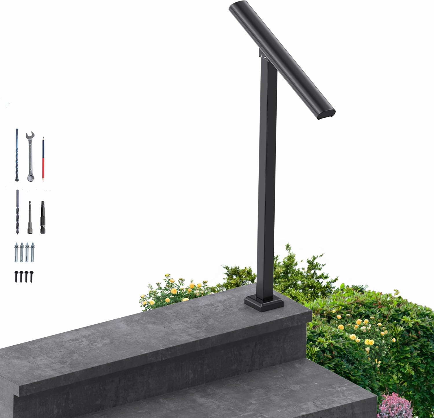 1 Step Handrail for Outdoor Steps, Premium Aluminum Alloy Railing Set, Porch Railing Kit,Free Installation Kits Included, Used Under Harsh Weather Conditions,Rust Free, for 1 Step.