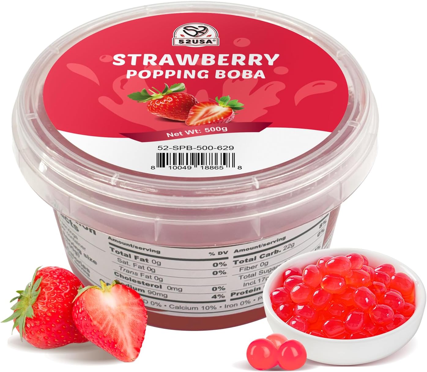 52USA Strawberry Popping Boba (500g), Popping Pearls for Bubble Tea, Beverages, Sweets, Ice Cream, Shakes, Desserts & Smoothies Topping, 1.1 Pound (Pack of 1)