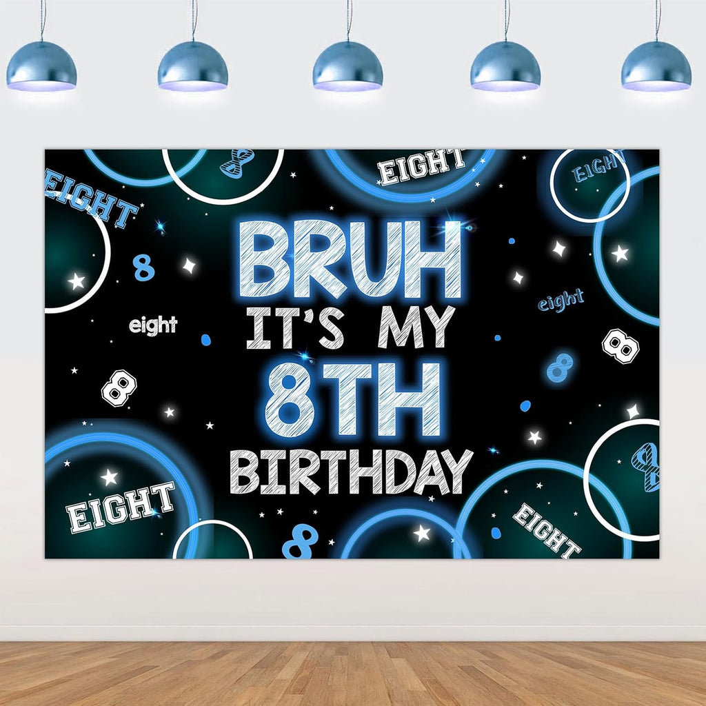 Bruh It’s My 8th Birthday Decor 4.92 * 3.28ft Bruh It’s My 8th Birthday Backdrop Banner Blue Black Eighth Birth Day Decor for Boy Happy Eighth Bday Supplies Eight Years Old Photo Booth Prop