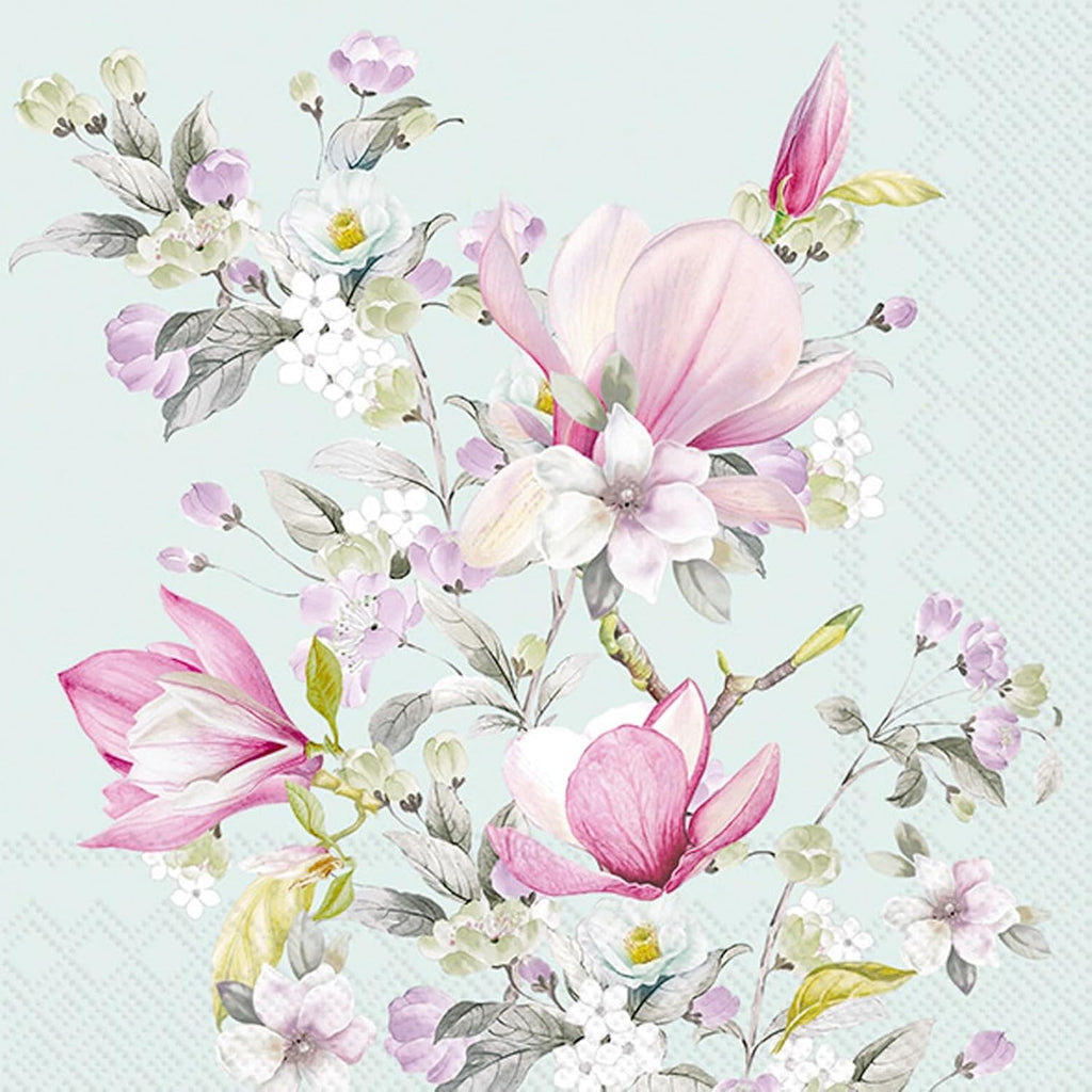 IHR Ideal Home Range Cocktail Napkins Disposable 3-Ply Paper Party Napkin Pack, 5" x 5", Romantic Magnolia (Light Blue), 20-Count