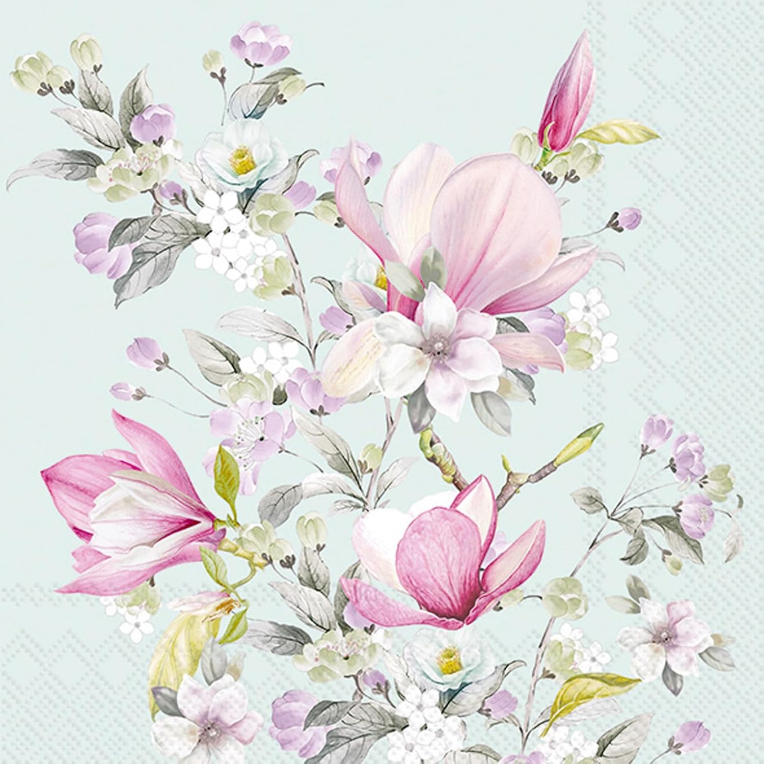 IHR Ideal Home Range Cocktail Napkins Disposable 3-Ply Paper Party Napkin Pack, 5" x 5", Romantic Magnolia (Light Blue), 20-Count