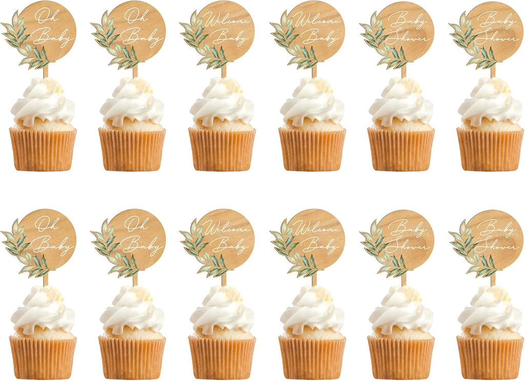 12 PCS Baby Shower Party Cupcake Toppers Oh Baby Cake Cupcake Decorations in Wood (Design 02)
