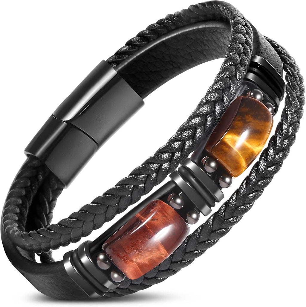Tiger Eye Black Leather Bracelet Men Natural Tiger Eye Gemstone Crystal Stone Jewelry Handmade Courage And Stress Relief Protection Bracelet