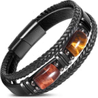 Tiger Eye Black Leather Bracelet Men Natural Tiger Eye Gemstone Crystal Stone Jewelry Handmade Courage And Stress Relief Protection Bracelet