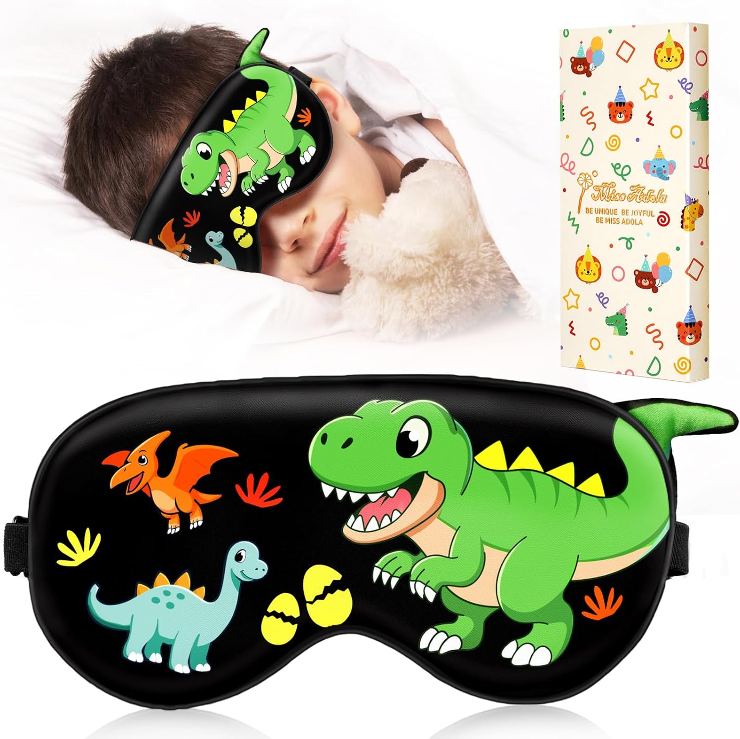 Sleep Mask for Kids - Valentines Gift for Kids Cute Silk Eye Cover for Sleeping Soft Kawaii Eyeshade Animal Eye Blindfold with Adjustable Strap for Boys Teens, Dinosaur