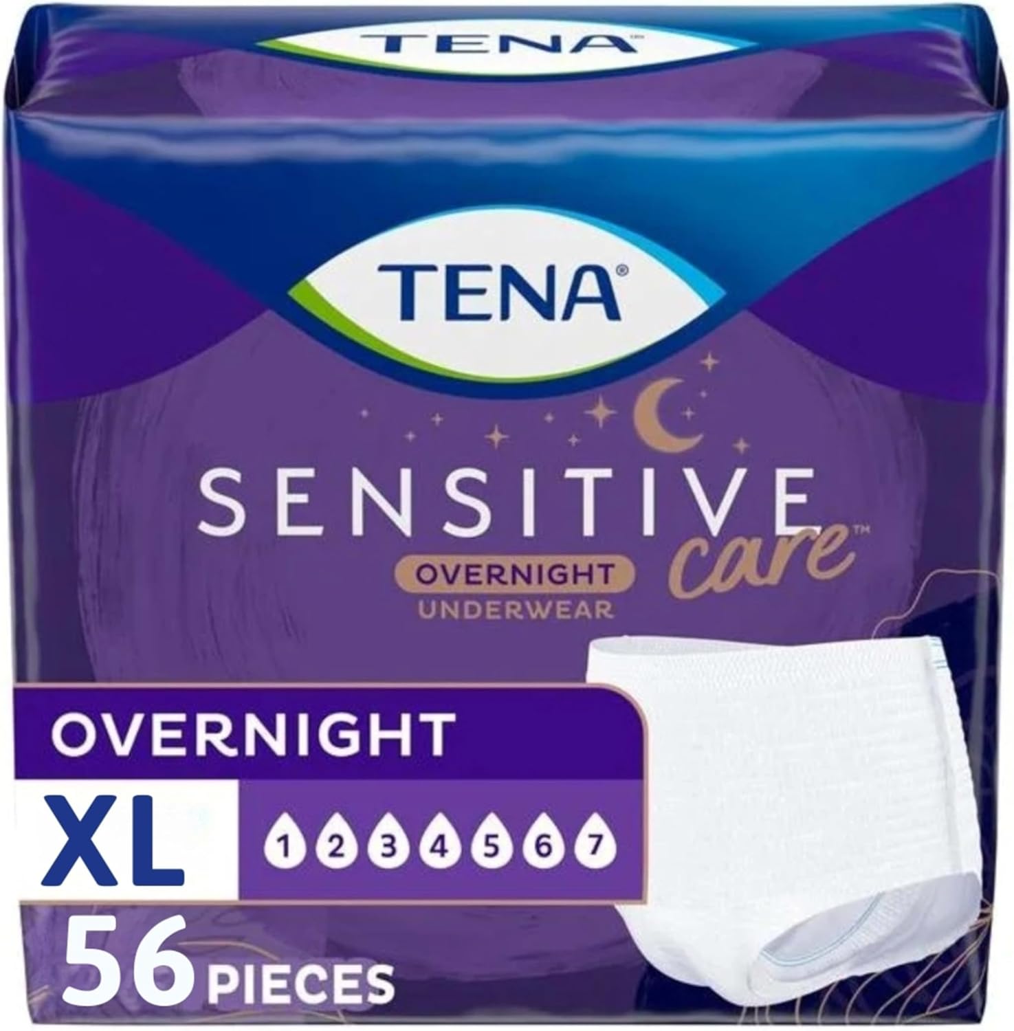 TENA Sensitive Care Overnight Incontinence Underwear for Women, Adult diapers, X-Large (Waist Sizes 39in–52in), Better Fit, 56 Count (4 packs of 14)