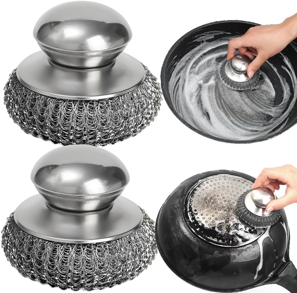 2 PCS Stainless Steel Pot Brush with Grip Handle Kitchen Metal Wire Cleaning Ball Dish Washing Countertop Cleaning Brush