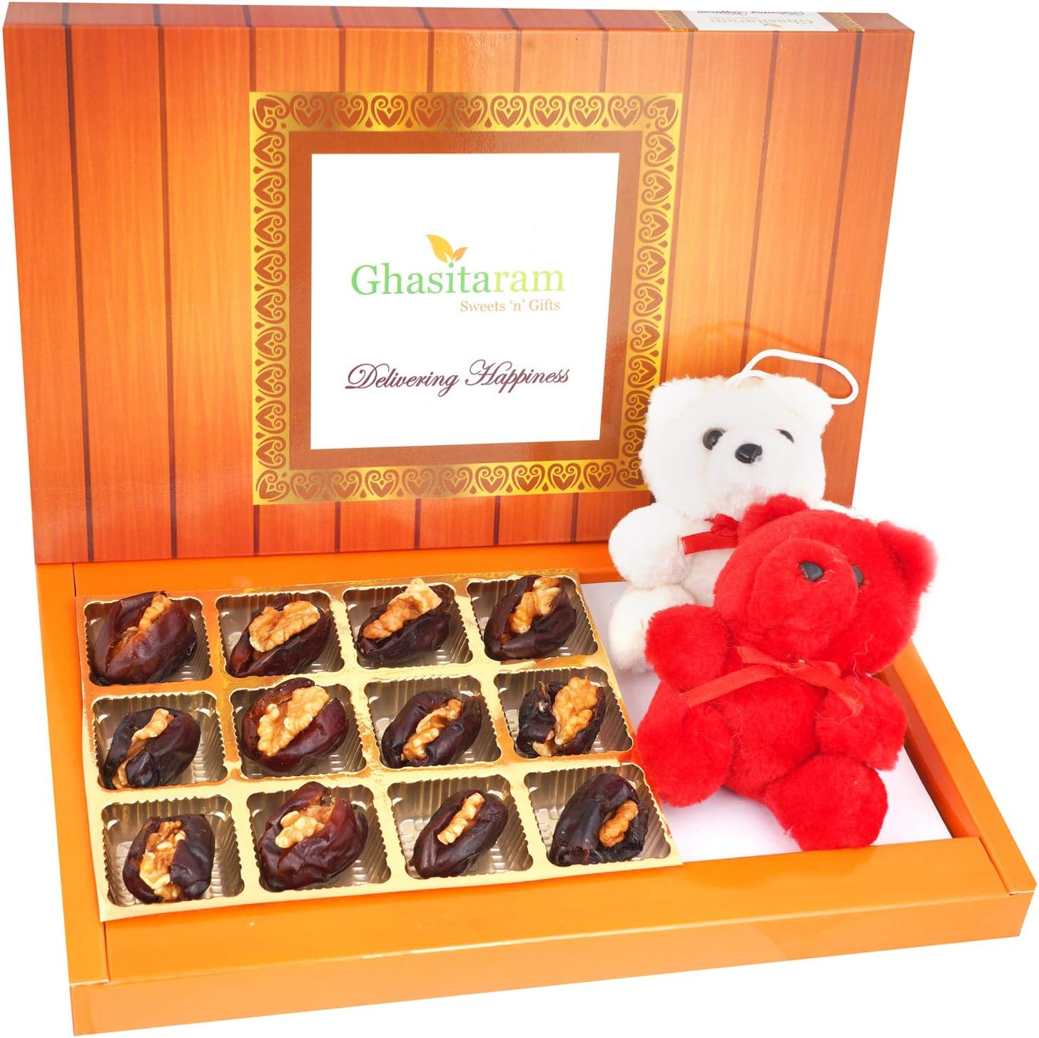 Ghasitaram Gifts Valentines Gift for Girlfriend/Boyfriend/Husband and Wife - Valentine Sweets Premium Dates with Walnuts and 2 Teddies