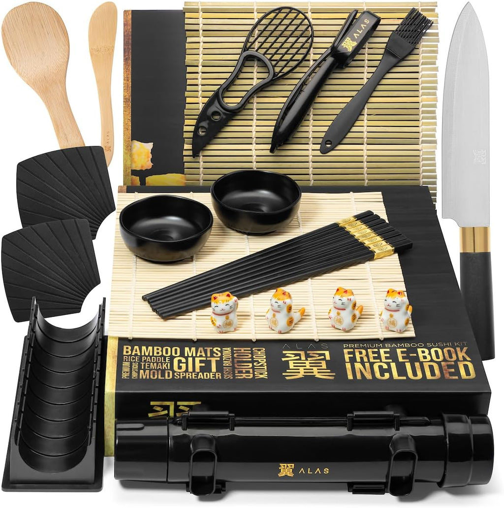 Alas Sushi Making Kit- Complete Sushi Making Kit for Beginners & Pros Sushi Makers, Perfect Sushi Making Kitchen Accessories Like Sushi Knife, 2 Sushi Mats, Rice Bazooka, Dipping Plate, & More (Black)