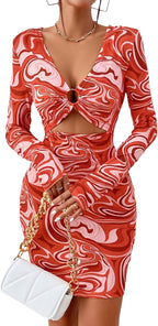 Women's Graphic Cut Out Mini Dress V Neck Metal Ring Bodycon Long Sleeve Dress
