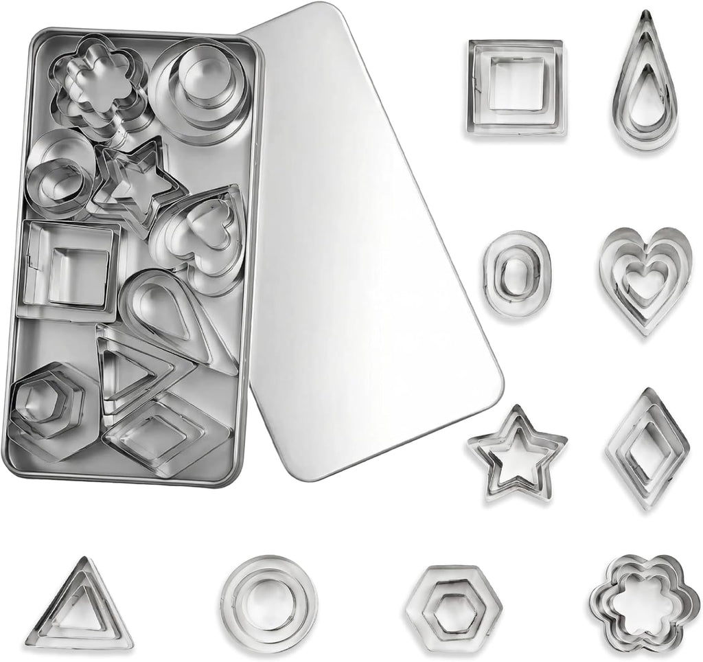 30Pcs Mini Cookie Cutter Set with Box,Small Stainless Steel Fruit Veggie Cutters,Polymer Clay Press Molds for Kids,Geometric Molds for Biscuit,Cake & Fruit Decorations