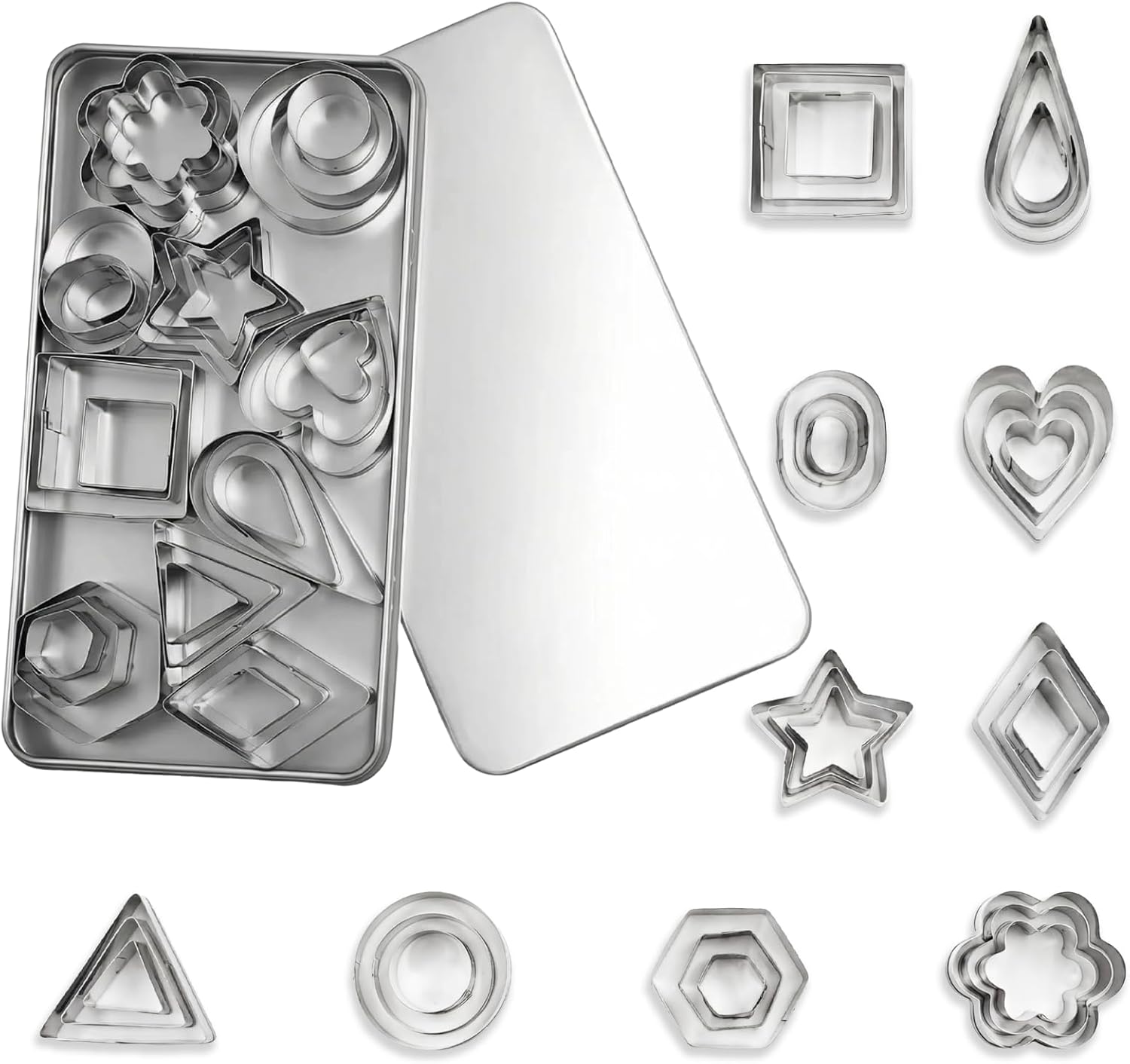 30Pcs Mini Cookie Cutter Set with Box,Small Stainless Steel Fruit Veggie Cutters,Polymer Clay Press Molds for Kids,Geometric Molds for Biscuit,Cake & Fruit Decorations
