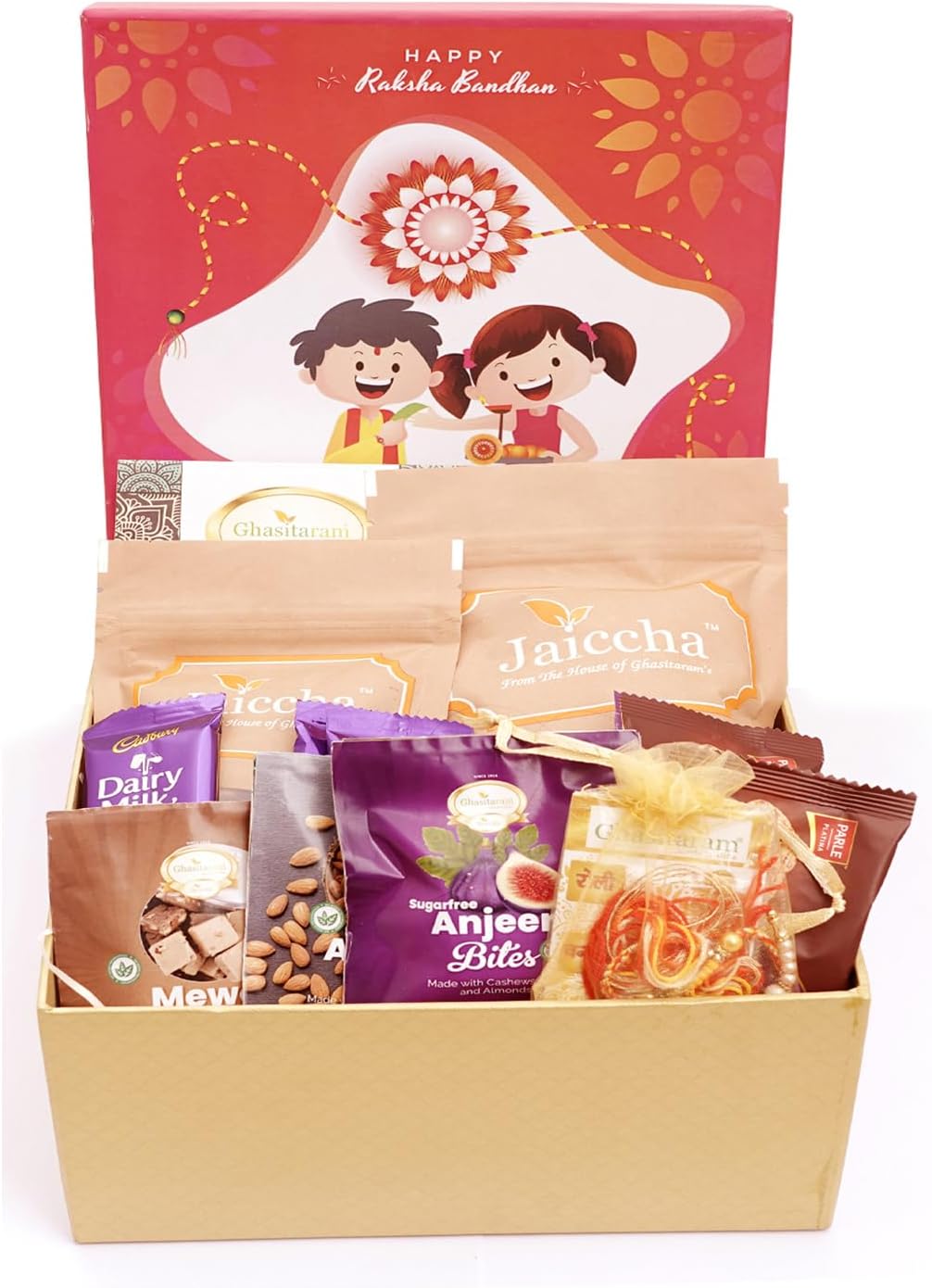 Ghasitaram Gifts Jaiccha Rakhi Gifts for Brothers - Raksha Bandhan Hamper Box with Sweets with Milk Cake with 2 Rakhis