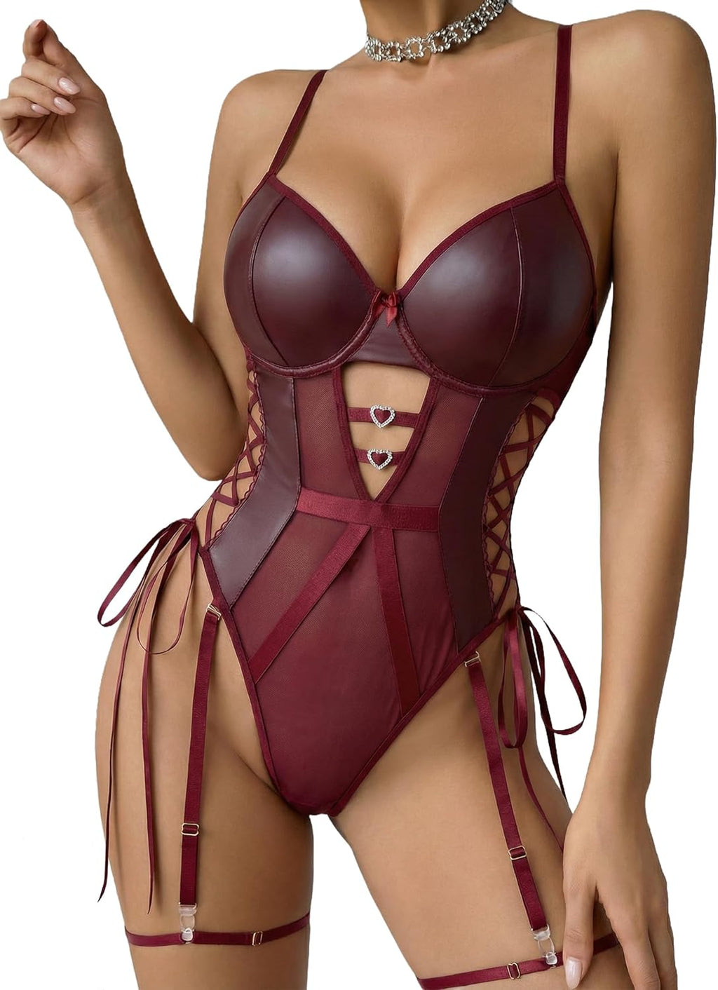 Avidlove Sexy Lingerie for Women Leather Teddy Lingerie Mesh Bodysuit Garter Belt Set S-XXL(No leg ring)