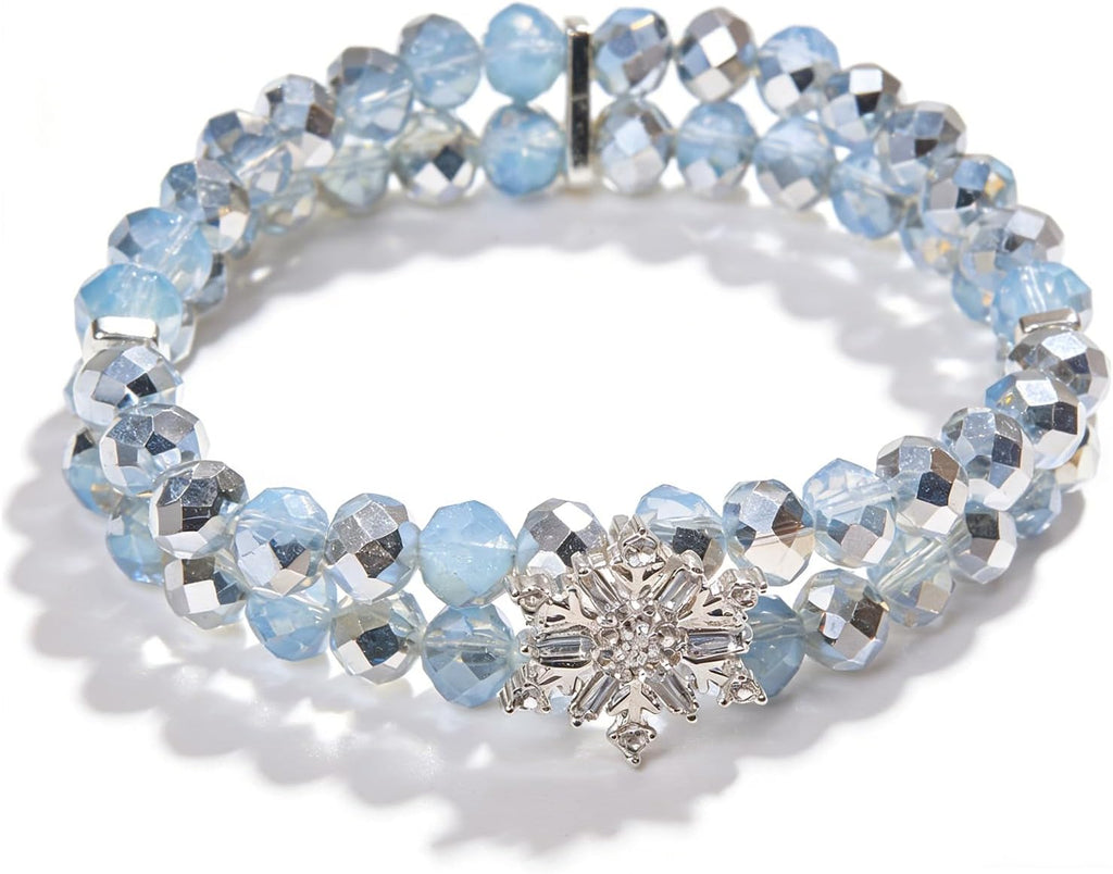 Nojess Christmas Snowflake Bracelets for Women Layered Cut Crystal Glass Bead Stretch Bangle Bracelet Winter Holiday Birthday Bracelet Xmas Snowflake Jewelry Gifts