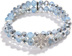 Nojess Christmas Snowflake Bracelets for Women Layered Cut Crystal Glass Bead Stretch Bangle Bracelet Winter Holiday Birthday Bracelet Xmas Snowflake Jewelry Gifts