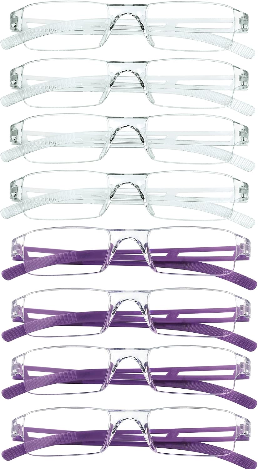 VisionGlobal 8 Pairs Reading Glasses, Blue Light Blocking Glasses, Computer Reading Glasses for Women and Men, Fashion Square Eyewear Frame (4clear+4purple,+2.00 Magnification)
