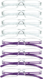 VisionGlobal 8 Pairs Reading Glasses, Blue Light Blocking Glasses, Computer Reading Glasses for Women and Men, Fashion Square Eyewear Frame (4clear+4purple,+2.00 Magnification)