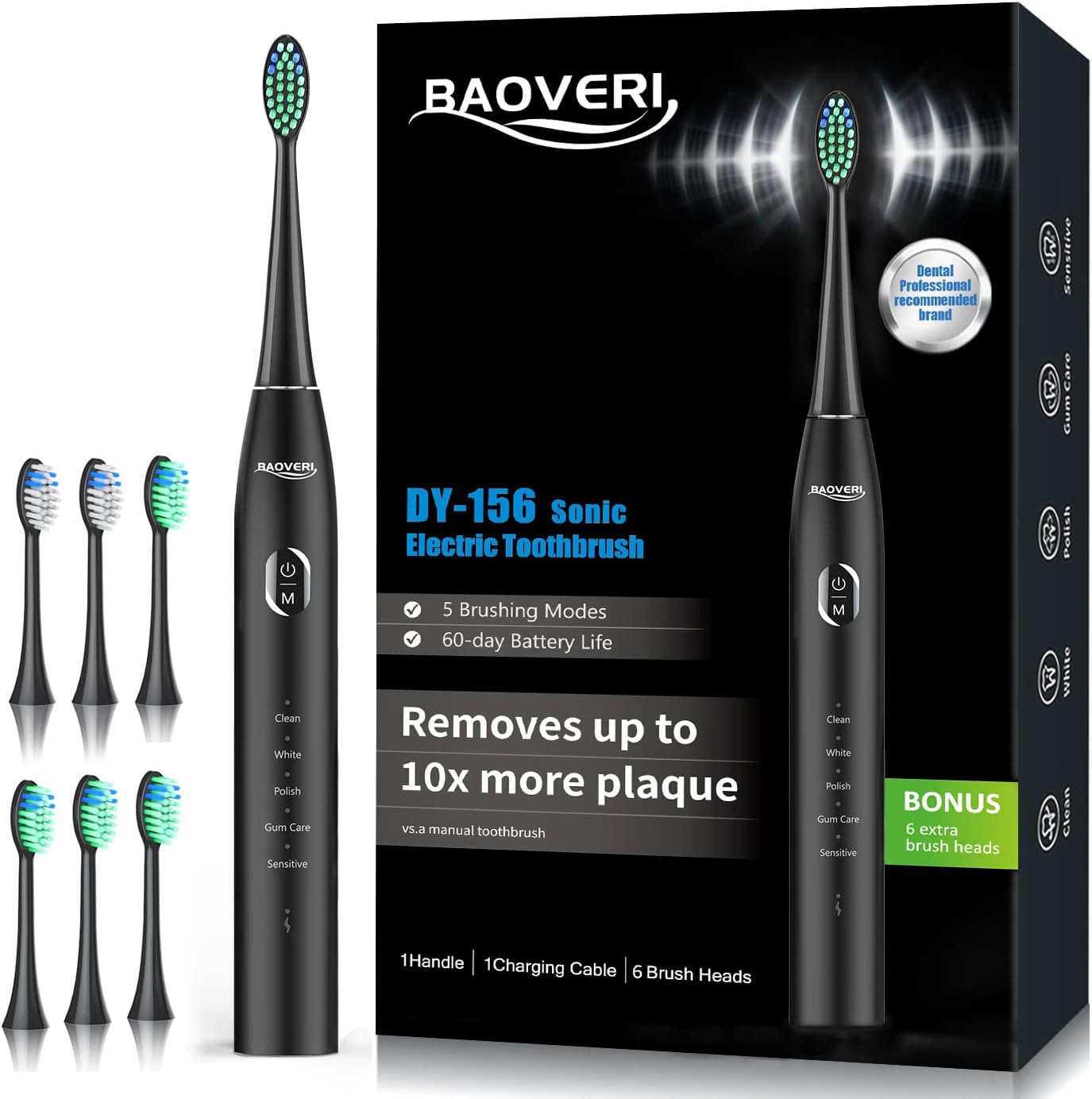 BAOVERI Electric Toothbrush for Adults & Kids,Rechargeable Ultrasonic Electric Toothbrush with 6 Dupont Brush Heads, IPX7 Waterproof, 5 Modes, 2 Minutes Smart Timer, 4 Hours Fast Charge for 60 Days