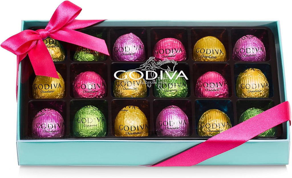 Godiva Chocolate Easter Egg Gift Box, Assorted Milk & Dark Chocolate Mini Eggs, Foil-Wrapped Gourmet Easter Chocolate Gifts, Kosher, 18 Pc