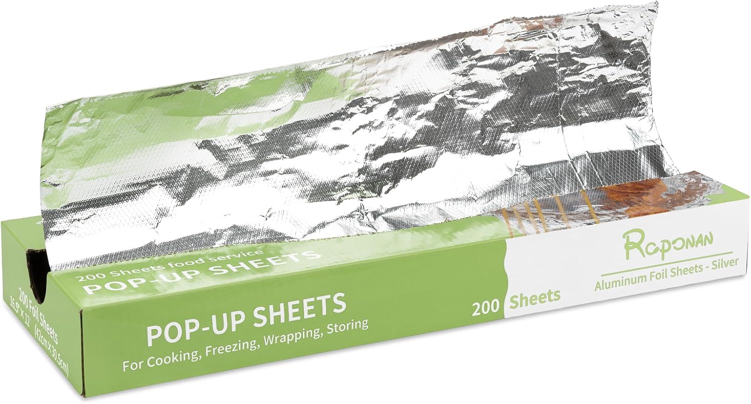 Aluminum Foil - 200 Precut Sheets, 16.5 x 12 Inch, Pop-Up Interfolded, Ideal for Roasting, Baking, Grilling, Cooking, Storing Food