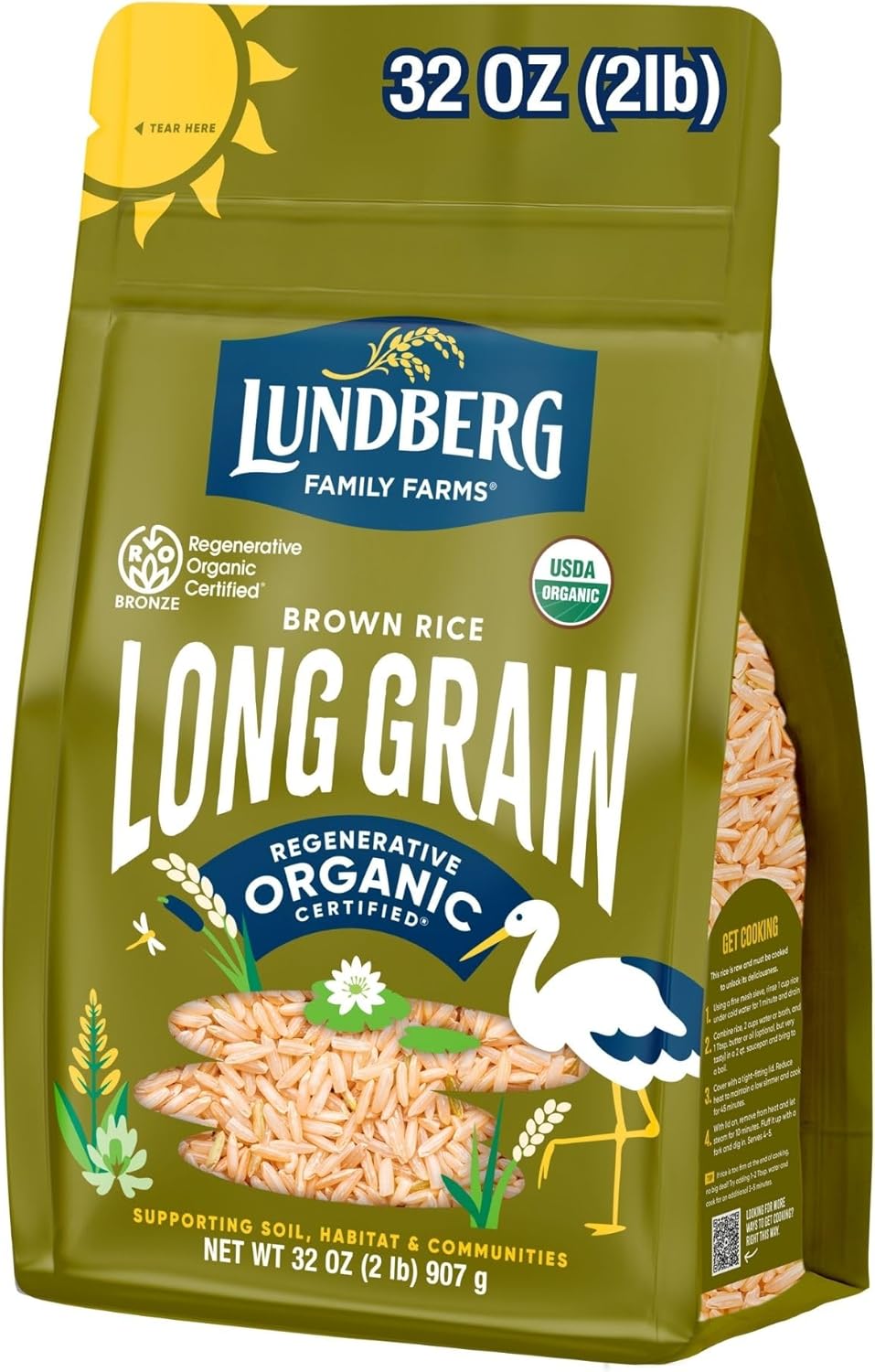 Lundberg Regenerative Organic Brown Rice Long Grain, Kosher, USDA Certified Organic, Gluten Free & Non-GMO, 32 Ounce (Pack of 1)