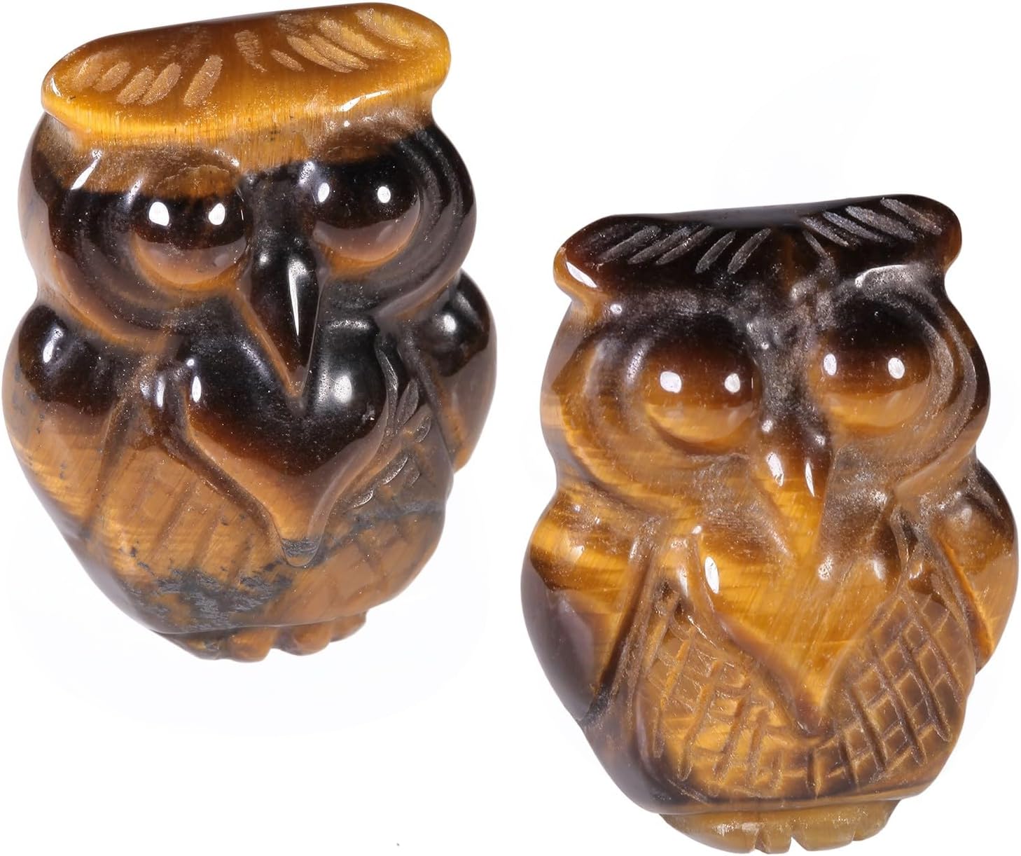 Nupuyai Pack of 2 Hand Carved Owl Stone Statue, Mini Stone Animal Figurines for Home Office Table Desk Decoration, Tiger's Eye