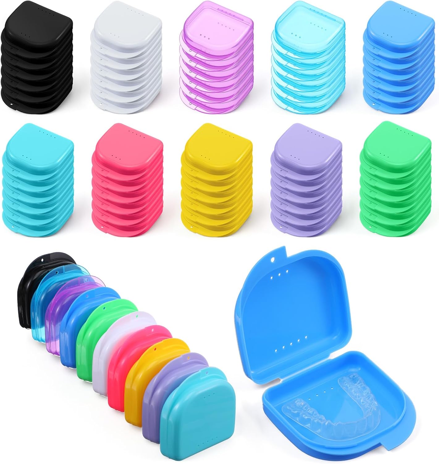 120Pcs Retainer Case with Vent Holes, Mouth Guard Container Case, Dental Storage Container, False Teeth Containers, Multicolor Dental Retainer Box for Travel Office Home