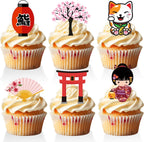 18 PCS Japanese Cupcake Toppers for Boys Girls Adult Kokeshi Folding Fan Cherry Blossom Cake Topper Sushi Japanese Birthday Party Decorations Supplies
