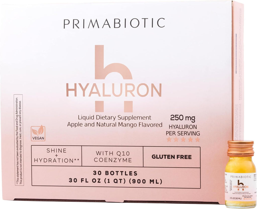 PRIMABIOTIC Hyaluronic Acid 250mg - Mango Flavor - Vegan, Deep Hydration, Anti-Aging and Skin Elasticity Support - Beauty Drink - Pack of 30 x 1 fl oz (30 mL) Bottles
