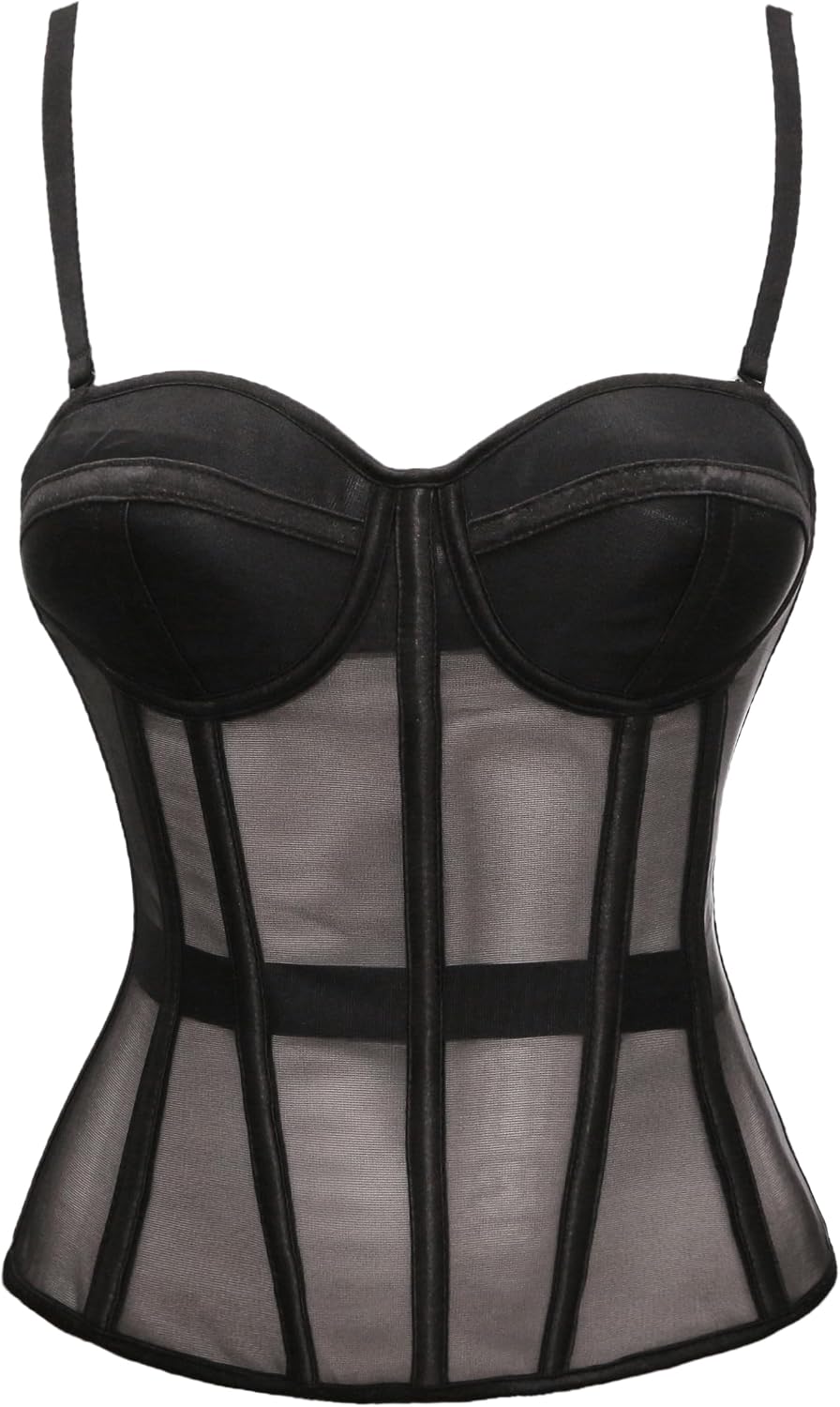 YUNAR Women's Mesh Overbust Corset, Underwired Padded Bust, Removable Straps, 10 Bones Shapewear Going Out Top