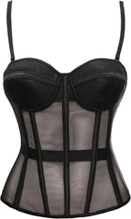 YUNAR Women's Mesh Overbust Corset, Underwired Padded Bust, Removable Straps, 10 Bones Shapewear Going Out Top
