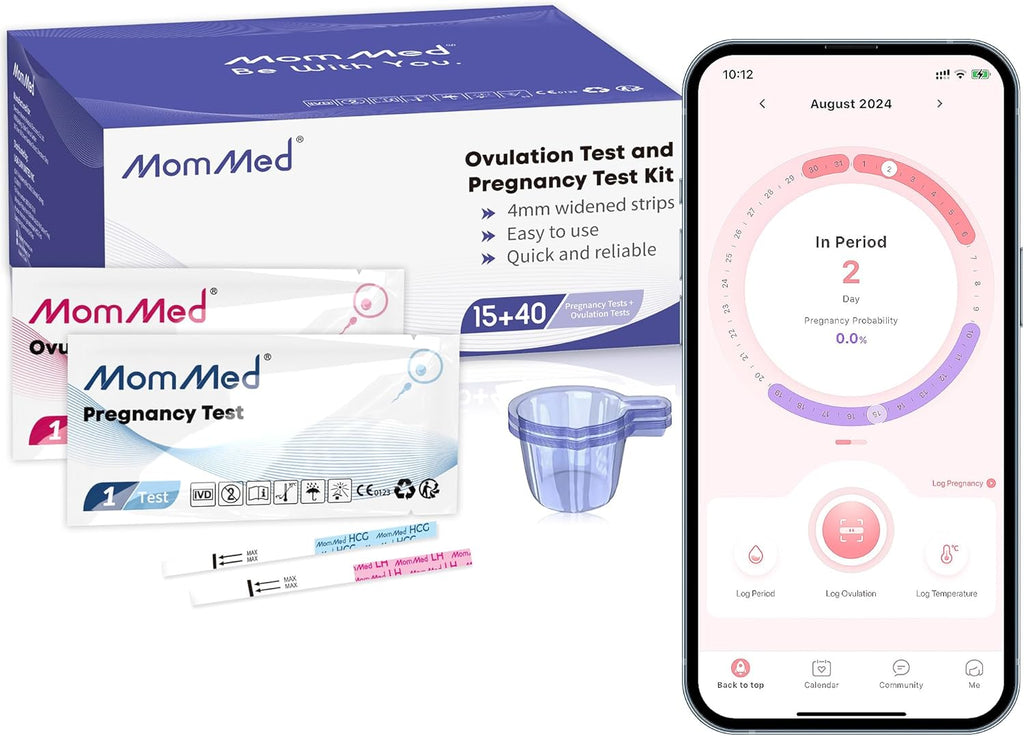 MomMed Ovulation Test Kit (HCG15-LH40), 15 Pregnancy & 40 Ovulation Test Strips with 55 Urine Cups Reliable & Quick Early Pregnancy Test