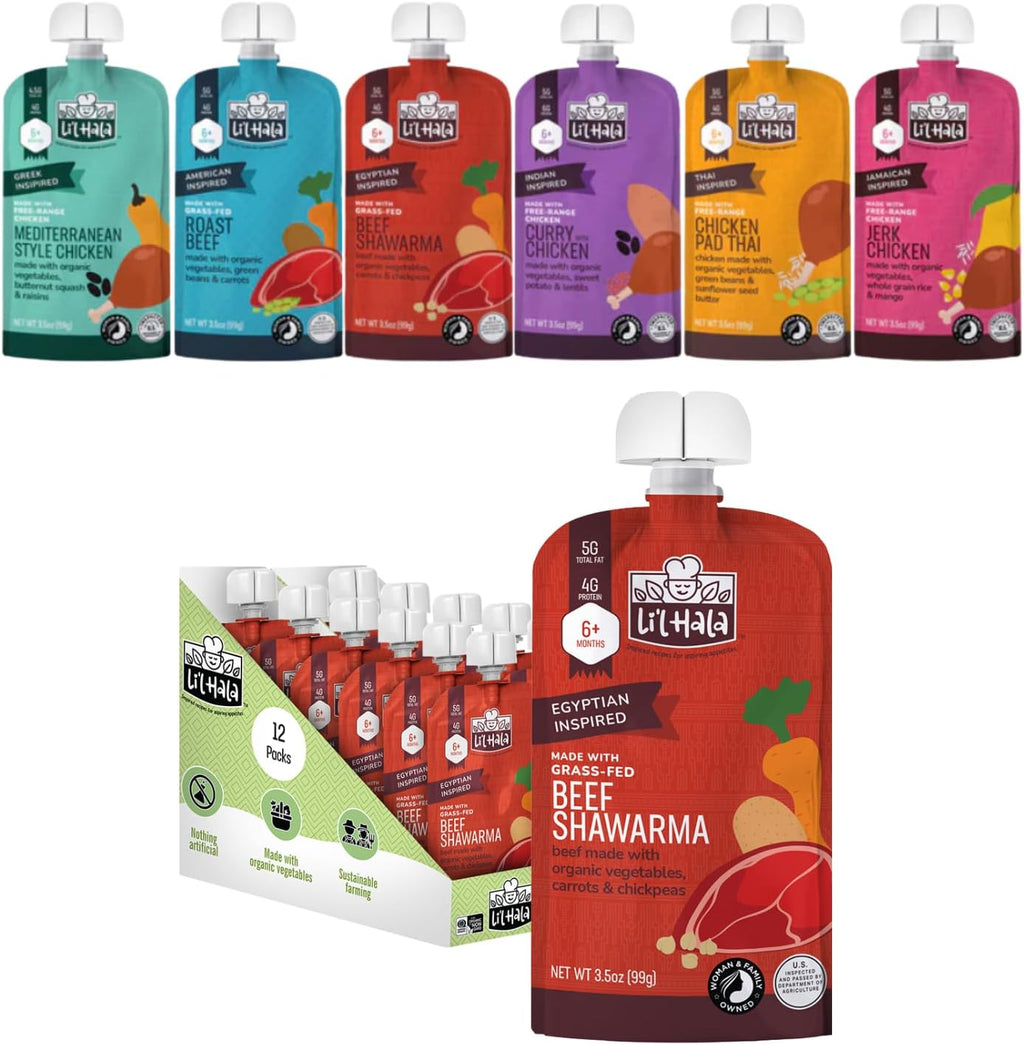 Li’l Hala Baby Food Pouches – 18 Total (Beef Shawarma & Variety Pack) – Grass-Fed Beef & Free-Range Chicken with Organic Veggies – Protein & Healthy Fats – 6+ Months