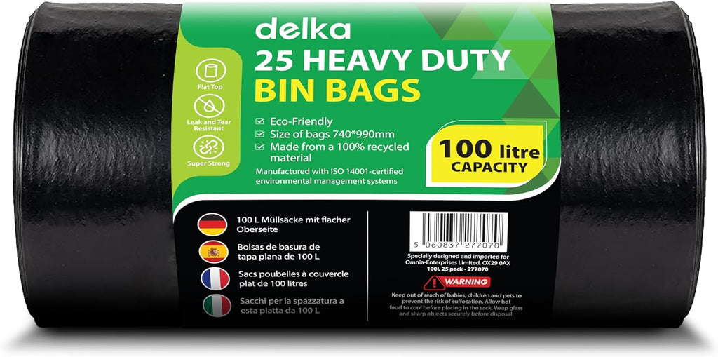 Delka Heavy Duty Black Bin Bags – Extra Strong, Leak-Proof Plastic Liners – Ideal for Kitchen, Home, DIY & Garden, Household, Office & Catering – Made from 100% Recycled Material (100L, 25 Pack)