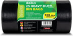 Delka Heavy Duty Black Bin Bags – Extra Strong, Leak-Proof Plastic Liners – Ideal for Kitchen, Home, DIY & Garden, Household, Office & Catering – Made from 100% Recycled Material (100L, 25 Pack)
