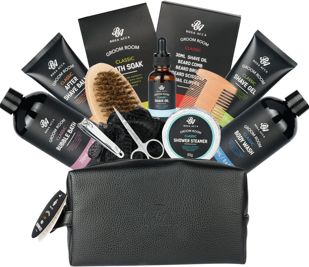 Valentines Day Gifts for Men, 14 Pcs Bath & Body Gift Set, Beard Grooming, Bath Spa Kit, Beard Oil, Shave Gel, Beard Balm, Leather Bag, Beard Growth Care Gift, Birthday, Dad, Husband, Boyfriend