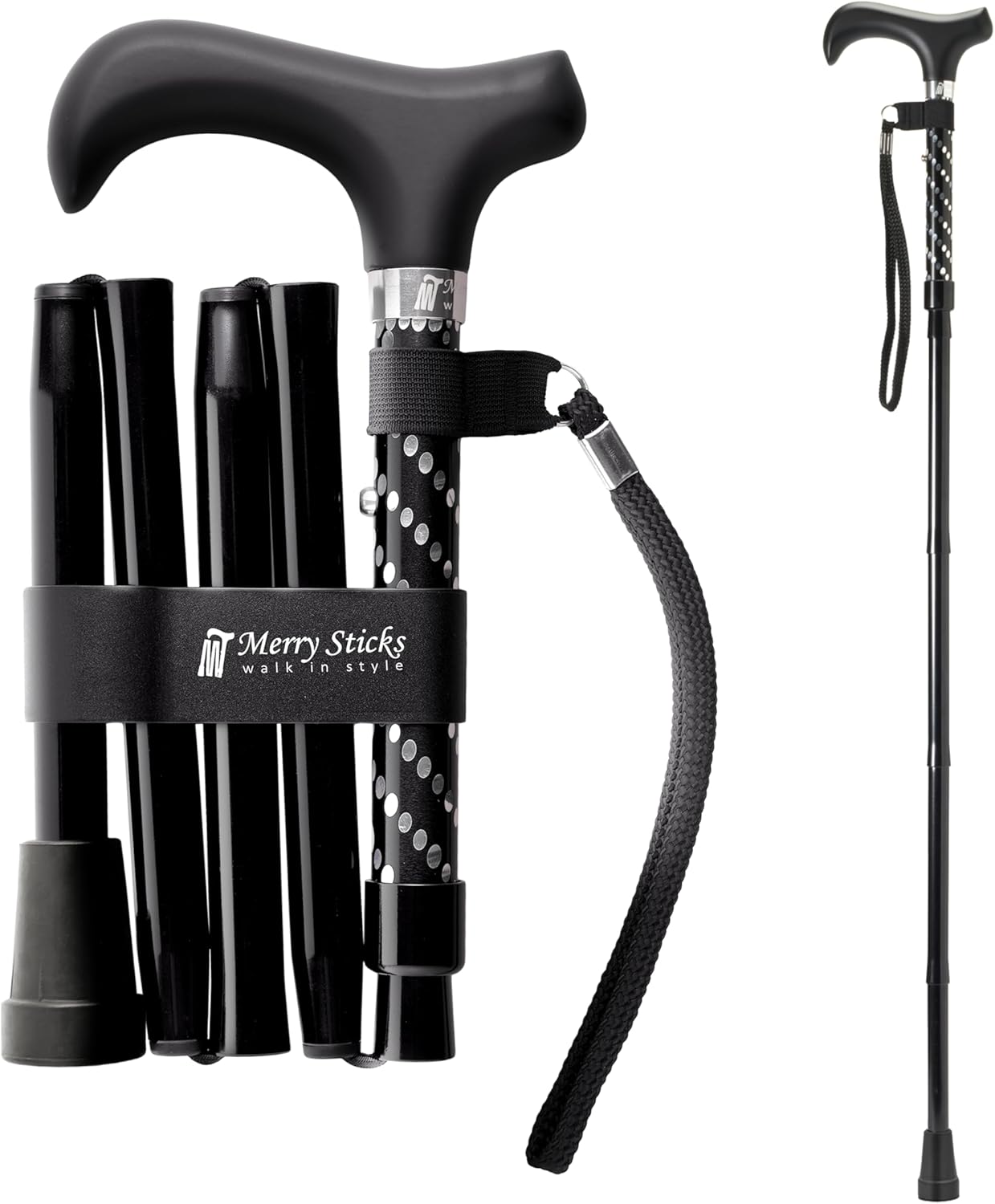 Merry Sticks Lightweight Foldable Walking Canes for Women and Men, Adjustable & Collapsible Walking Stick for Seniors, Balancing Mobility Aids, Ergonomic Handle & Wrist Strap - Dazzling Black