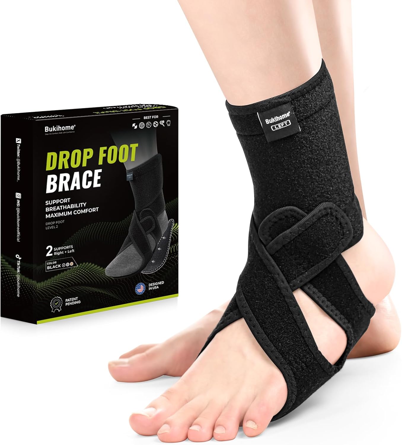 Bukihome Adjustable AFO Foot Drop Brace - Foot Support for Walking with Shoes, Socks, or Barefoot - Relieves Foot Drop, Plantar Fasciitis, Stroke & MS Recovery - Unisex（Include Left and Right）