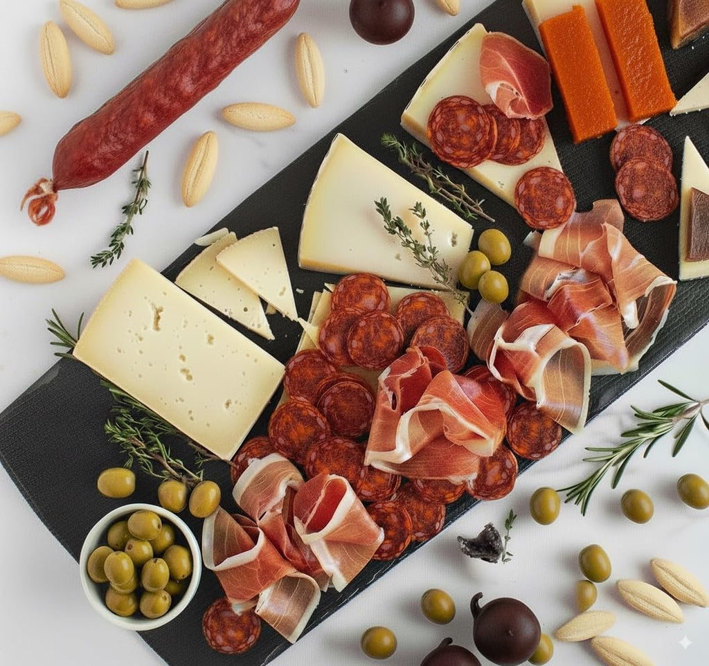 A Little Bit of Spain Gift Bundle – Manchego Cheese Trio, Iberico Chorizo, Serrano Ham, Olives, Quince Paste, Rabito Royale, Picos Breadsticks – Spanish Gourmet Sampler