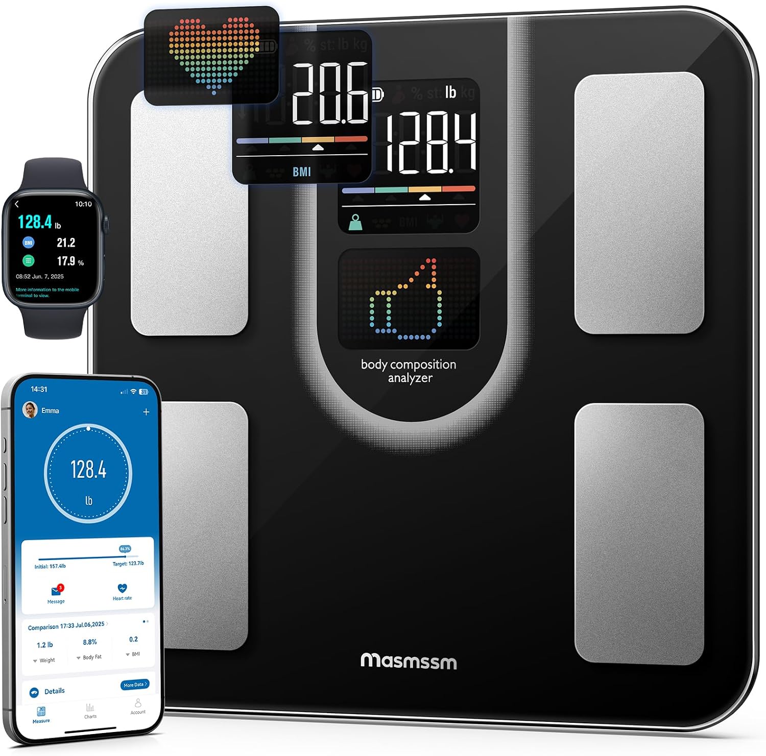 Scale for Body Weight, FSA&HSA Eligible, Smart Scale with 9-in-1 VA Display, Bathroom Scale with 22 Body Metrics, Heart Rate, BMI, Body Fat, Muscle Mass, Compatible with iOS & Android
