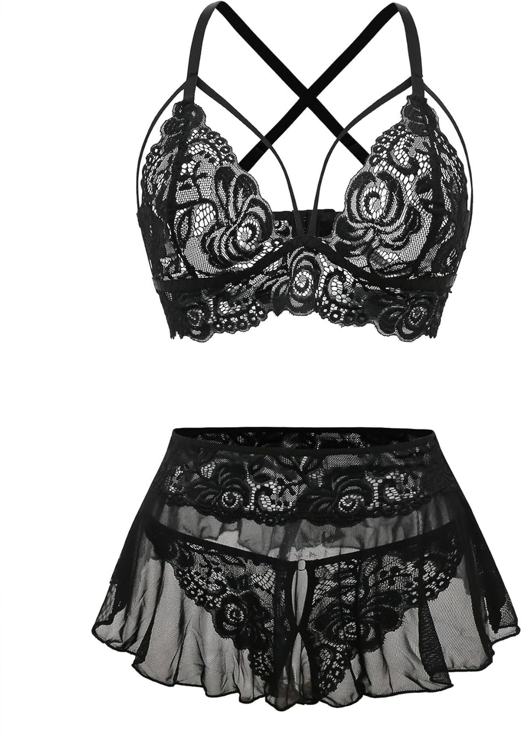 Sexy Mini Skirt with Thong Floral Lace Sheer Bralette Lingerie Set 3 Piece Otufits