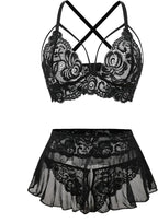 Sexy Mini Skirt with Thong Floral Lace Sheer Bralette Lingerie Set 3 Piece Otufits