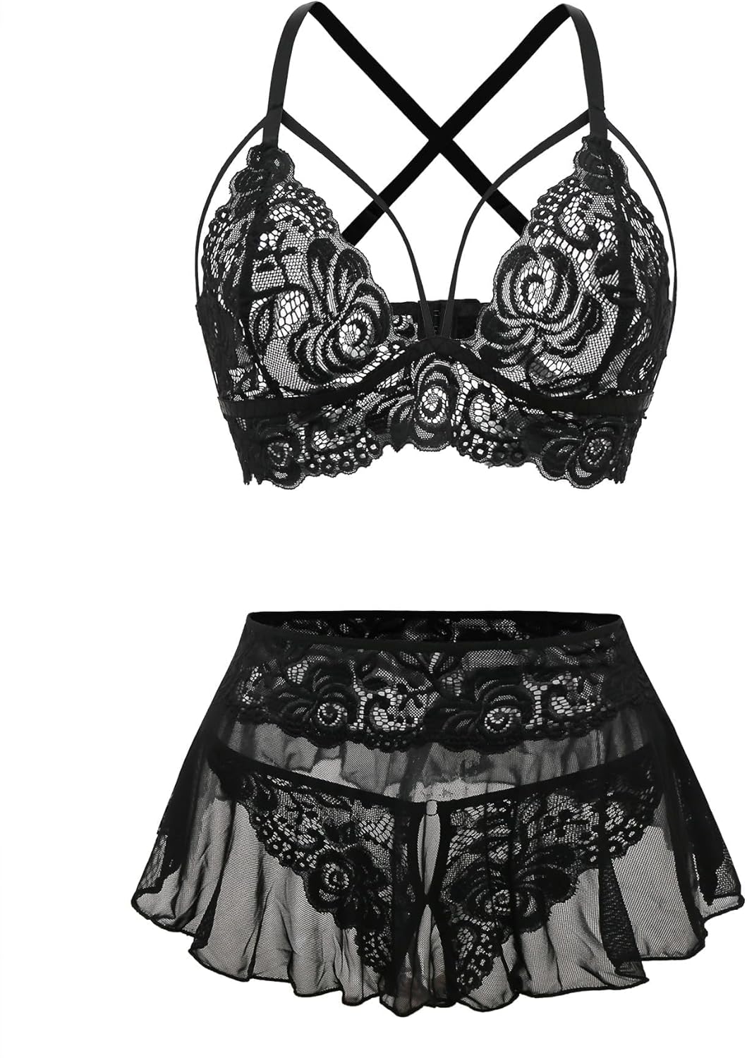 Sexy Mini Skirt with Thong Floral Lace Sheer Bralette Lingerie Set 3 Piece Otufits